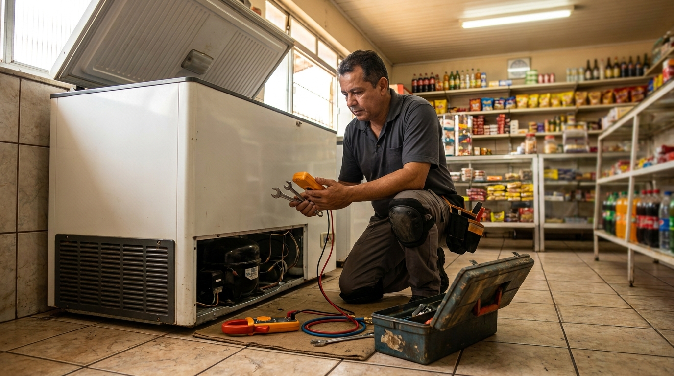 Profissional executando manutenção no motor de freezer em Vila Velha‑ES
