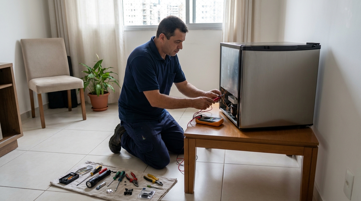 Técnico fazendo manutenção do motor de frigobar em Vila Velha‑ES