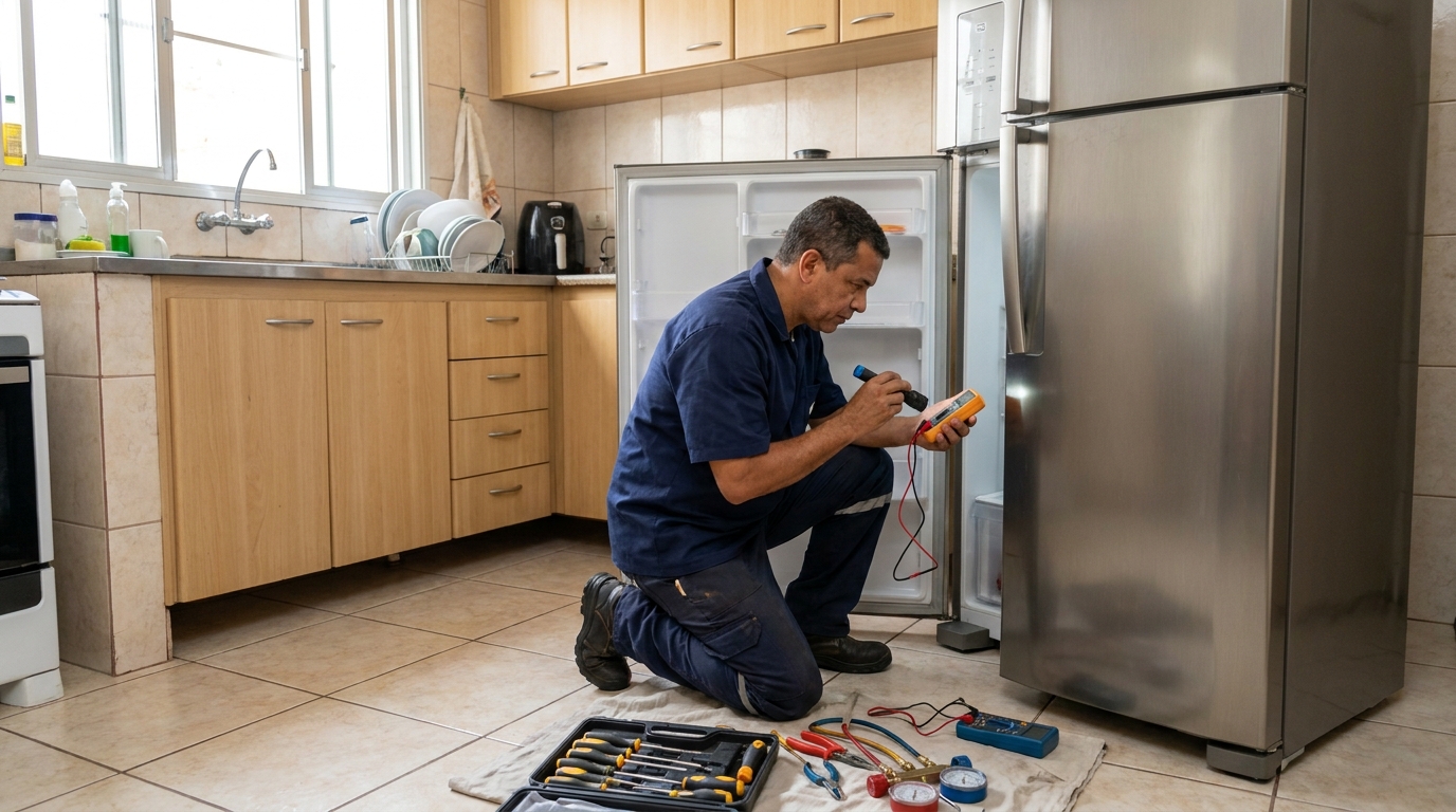 Técnico aplicando recarga de gás refrigerante em geladeira em Vila Velha‑ES